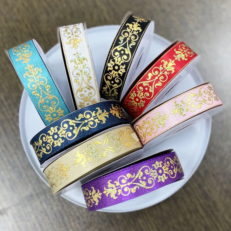 50Yards 25mm Hologram Gold Foil European Baroque Damask YAMA Satin Ribbon Welcome Custom Printed