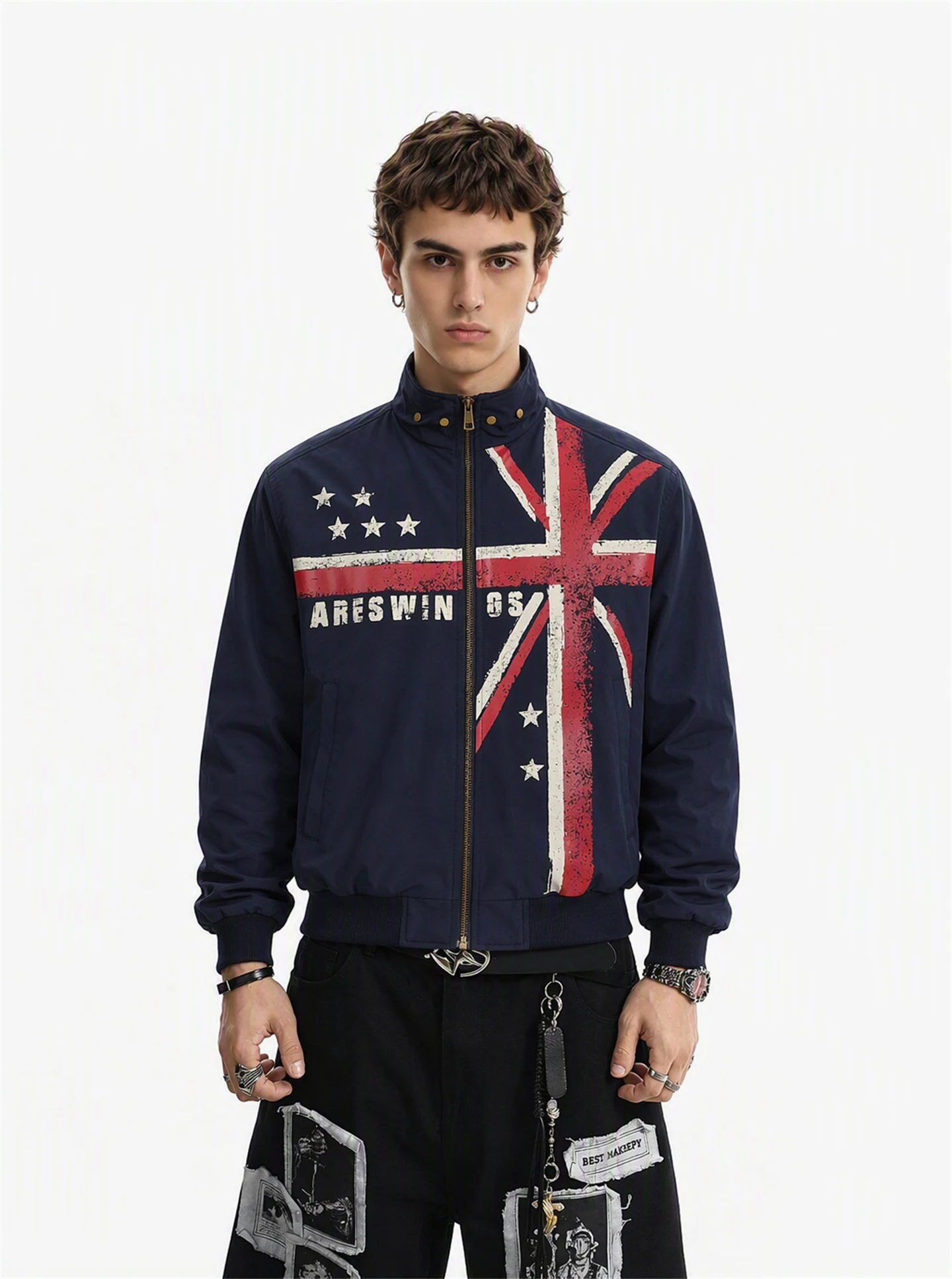 BETEBULE American Style Trendy Men's Jacket with Rivet And Print Stand Collar Autumn Outerwear Cool And Dry Fit Coat
