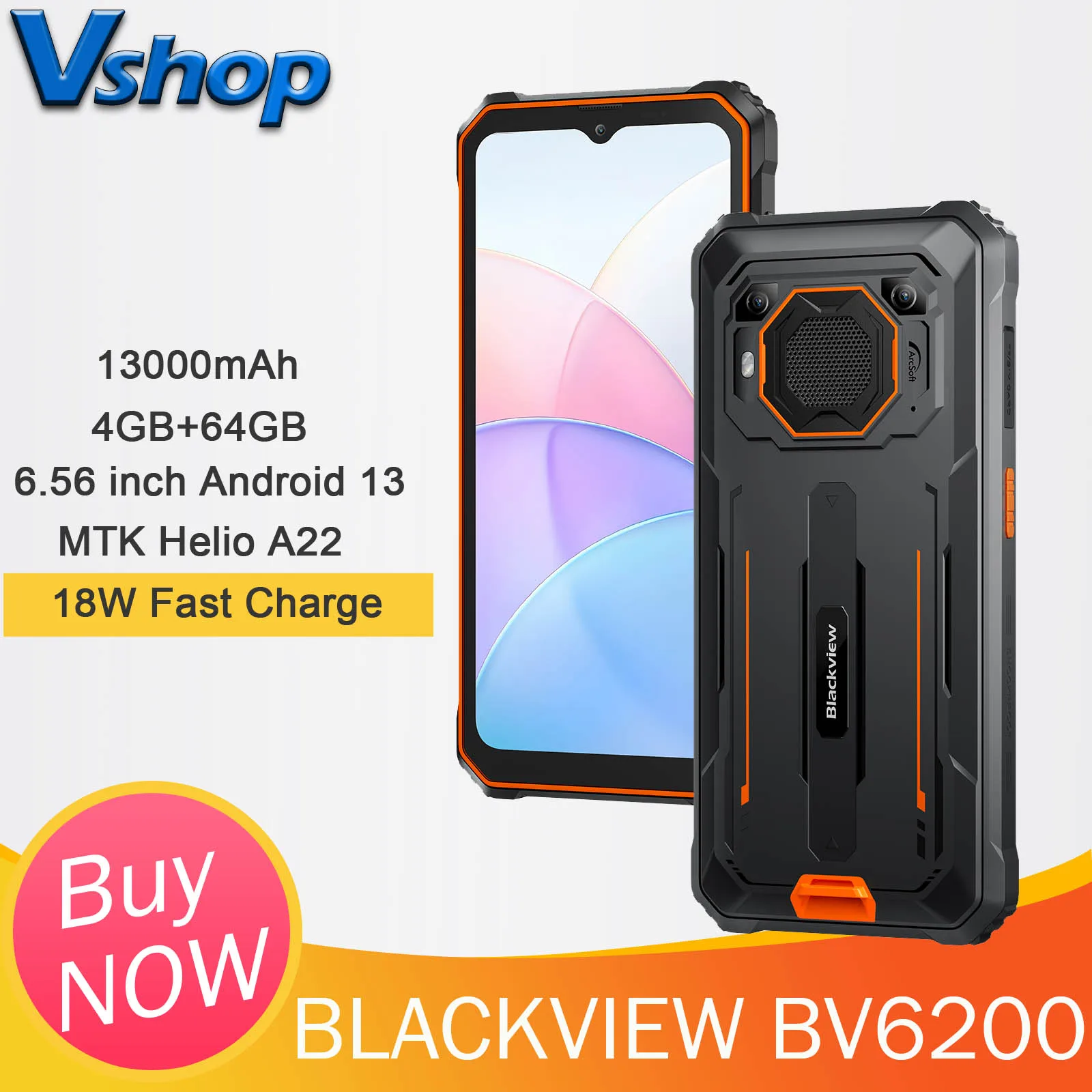 Blackview BV6200 4GB 64GB Helio A22 6.56'' Android13 Rugged 13MP Rear Camera 13000mAh with 18W Charge Dual 4G Cellphon