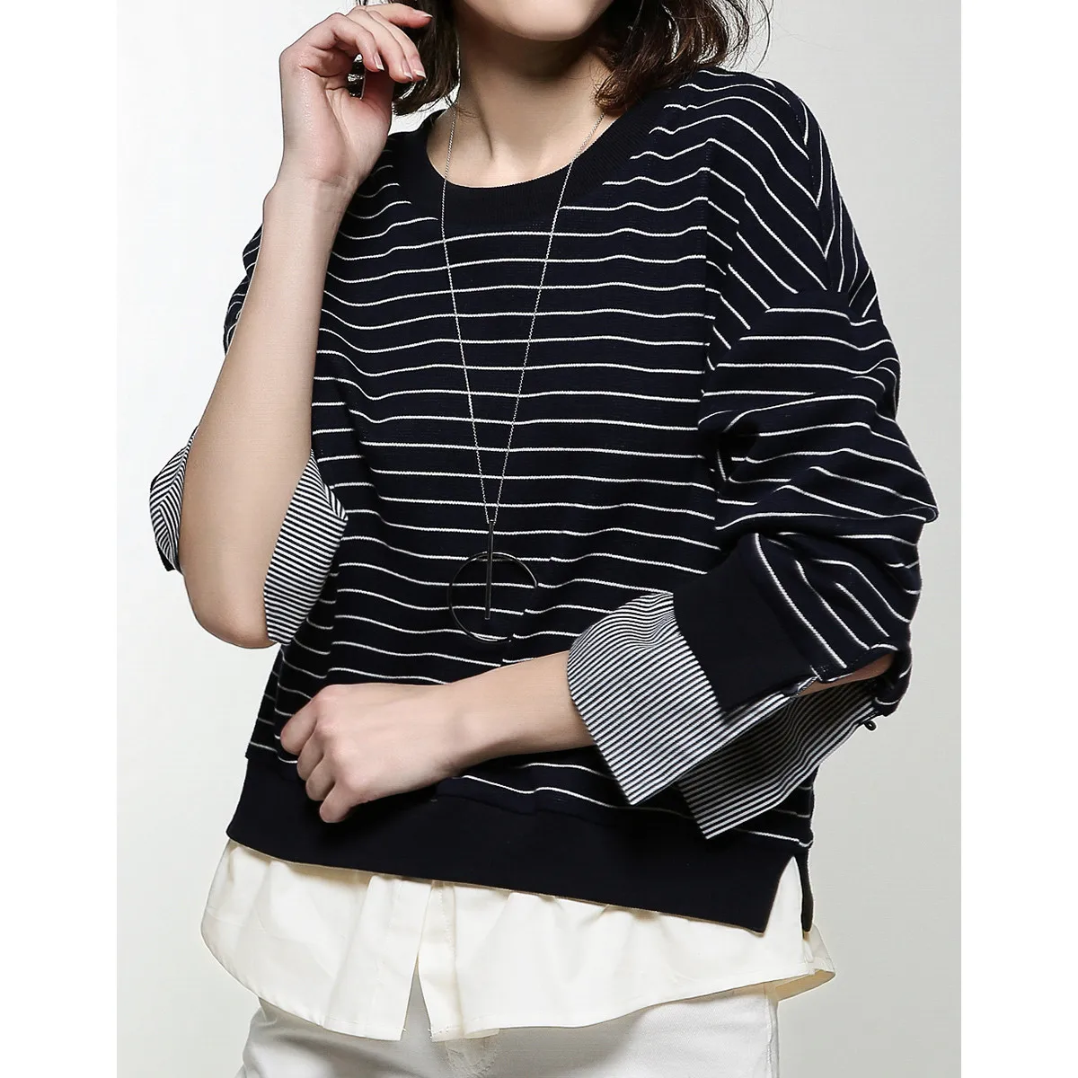 LOUIS YAO Women Patchwork Cuff Faux Two-Piece Sweatshirt 2023 Autumn Striped Drop-shoulder O-neck Long-sleeve Top