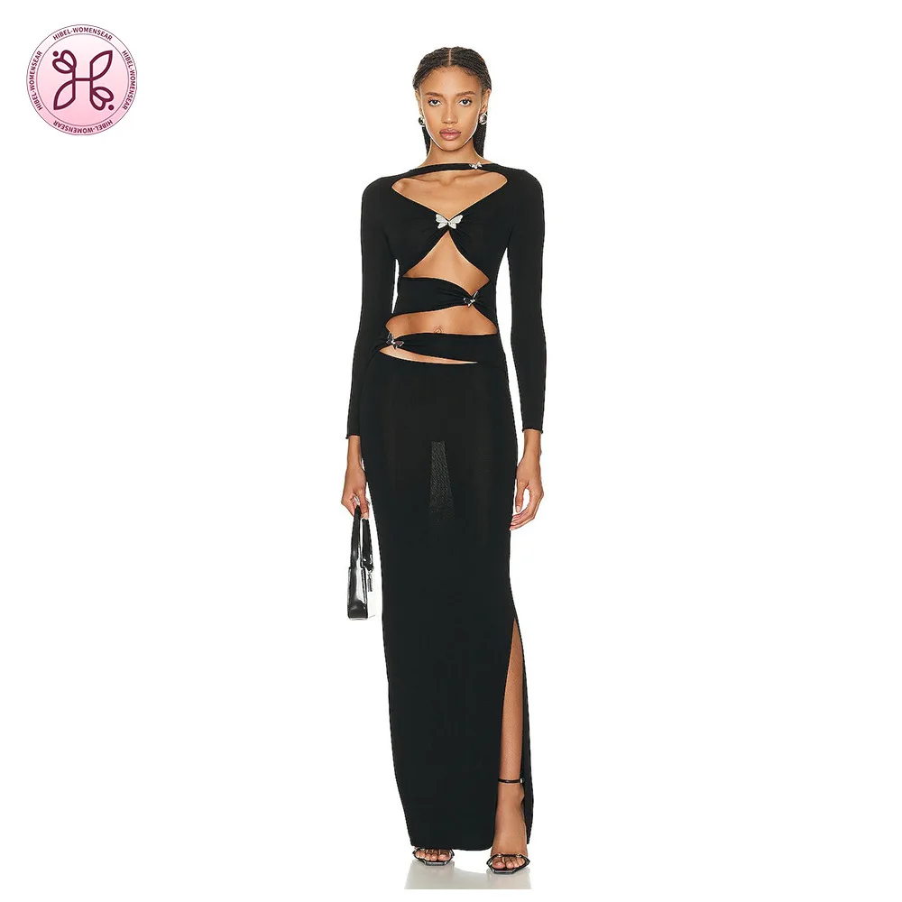 Maxi aderente con ritaglio: fiocco in metallo e spacco alto, abito da notte di gala