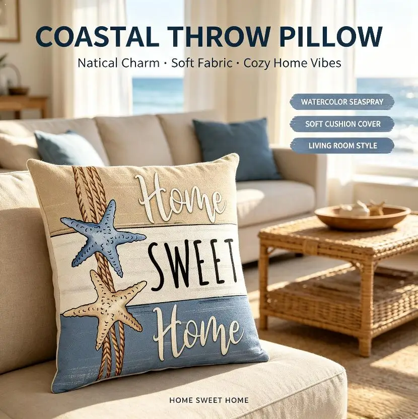 4pcs Polyester Pillow Cover Set Beach Shell Starfish Rope Text Printed 2D Flat Cushion Case for Coastal Home Decor