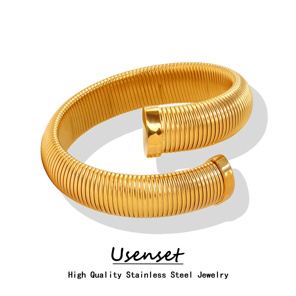 USENSET 16mm Wide Chunky Women Stainless Steel Cuff Bangle Attractive Spiral Texture PVD Gold Plated Bracelet Daily Wear