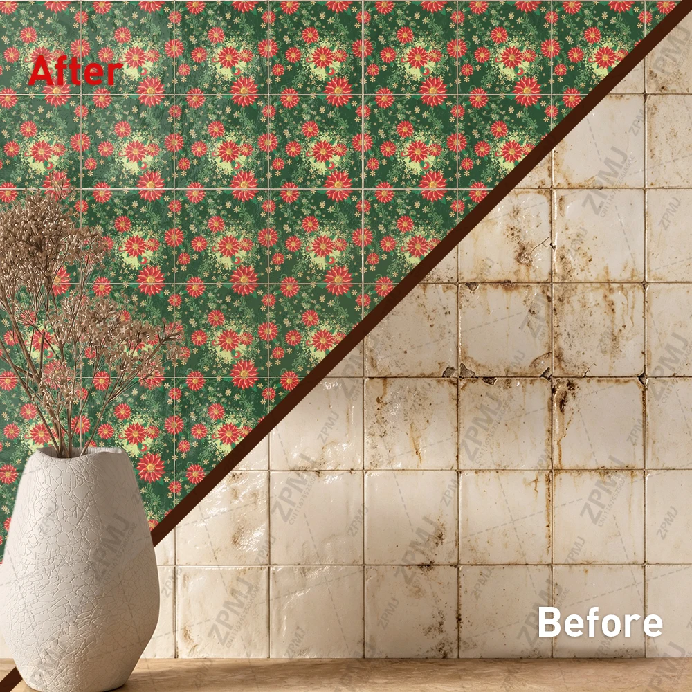 Holly Petals Tile Stickers Waterproof Peel and Stick Self Adhesive Oil Proof Backsplash Decals Floral Wallpaper for Winter Lodge