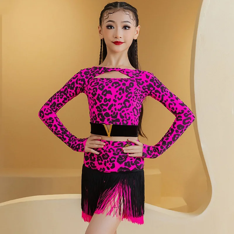 Neon Pink Leopard Latin Dance Dress Girls Cha Cha Rumba Samba Dance Performance Costume Competition Clothes Fringe Dress BL13636