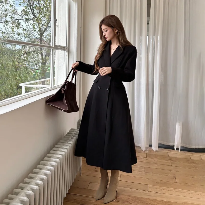 

Зимнее шерстяное пальто, женская куртка трапециевидной формы с тонкой талией, двубортный шерстяной пиджак, пальто, женская элитная женская одежда 2025
