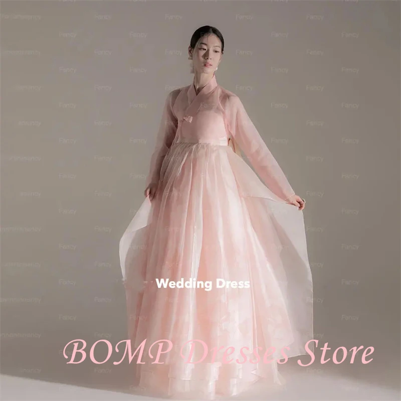 BOMP Elegant Pink Hanbok Wedding Dress Long Sleeve A Line Bridal Party Gown Organza Back Zip 2 Pcs 웨딩드레스 customized