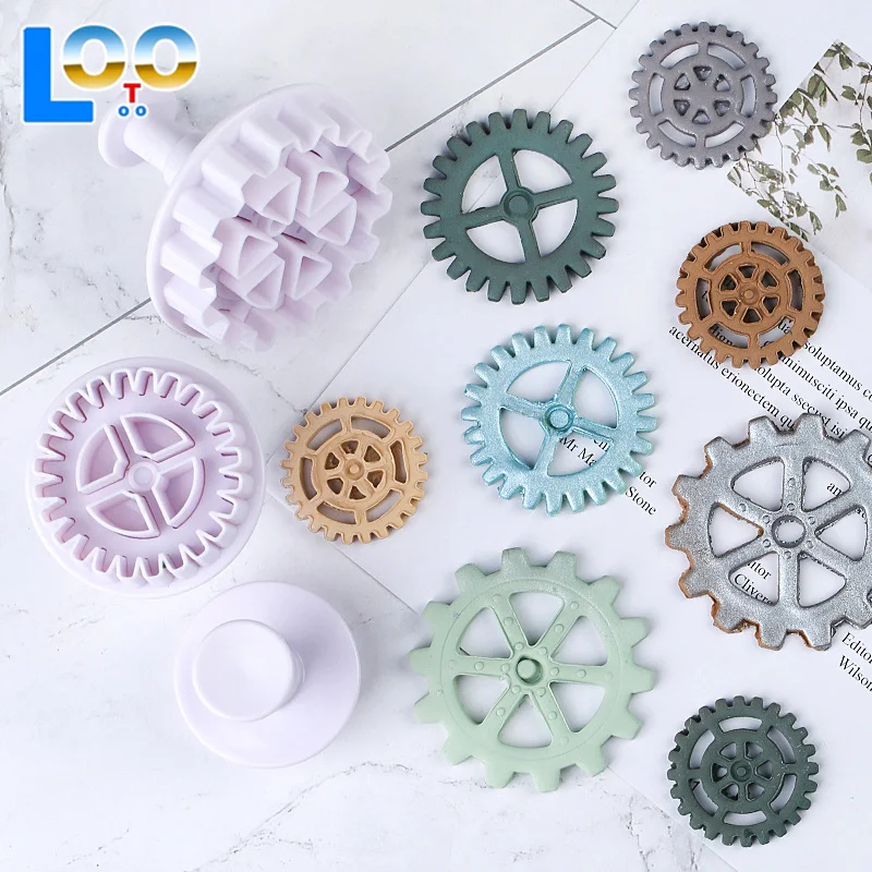 3ชิ้นพลาสติกเกียร์รูปร่างลูกสูบF OndantตัดDIYเค้กSugarcraftตกแต่งเครื่องมือคุกกี้อบแม่พิมพ์อุปกรณ์ตกแต่ง