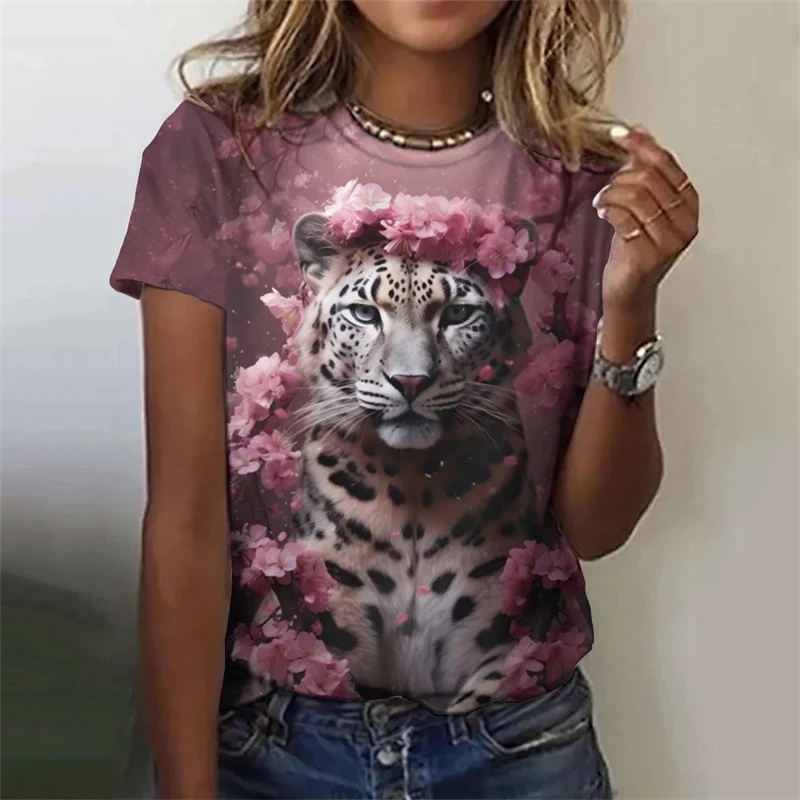 Vintage Animals Print Women\'s T Shirts Summer Fashion Short Sleeve Top Tiger Print Oversized Female Clothing Ladies Floral Tees