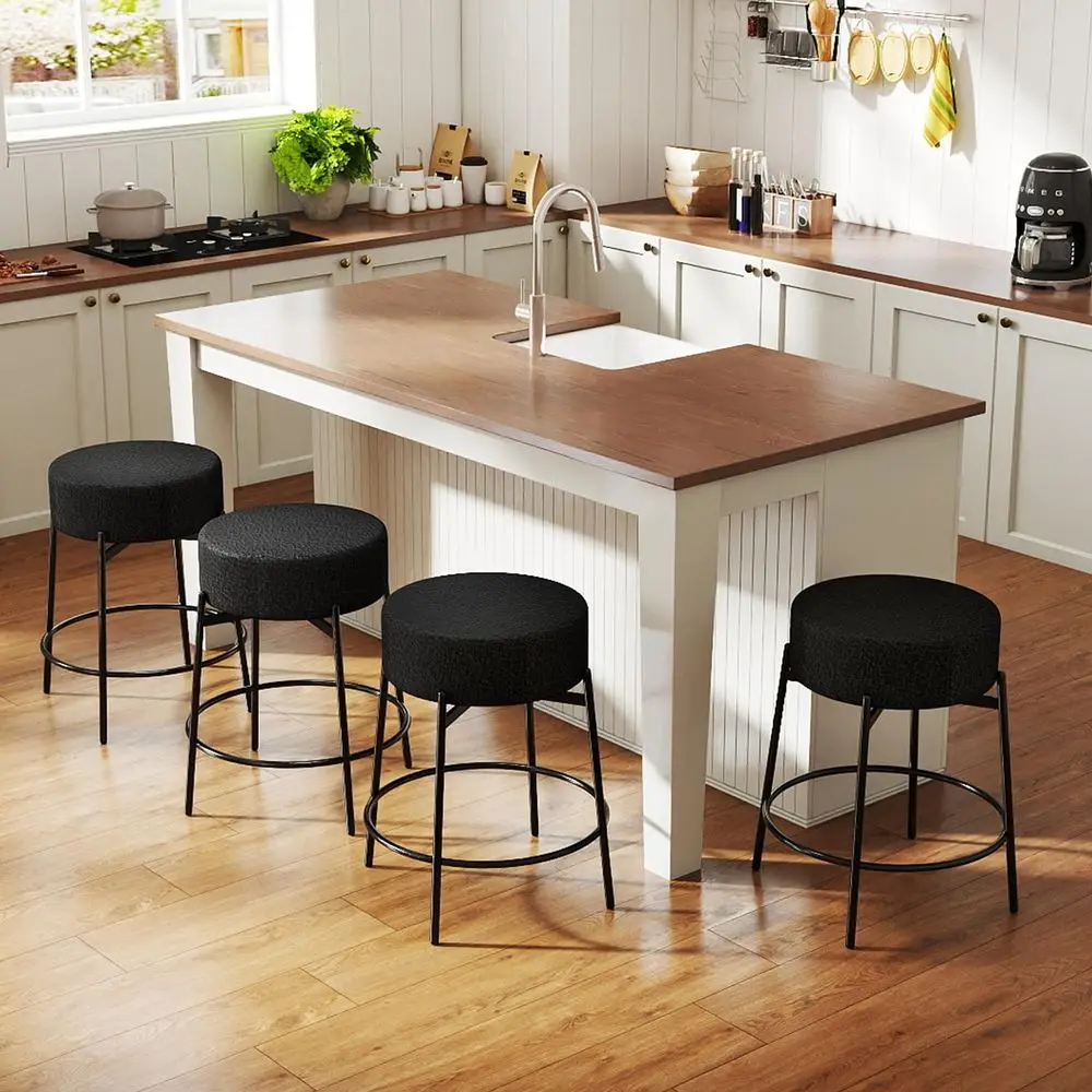 

Bar Stools Set of 4,24 Counter Height Barstools with Round Soft Padded Boucle Backless Seat and Black Legs,Upholstered Barstool