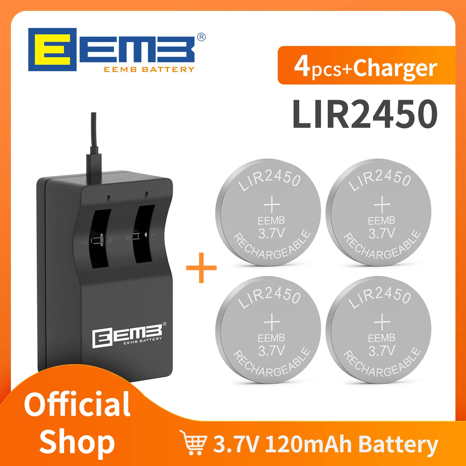 EEMB 충전식 리튬 배터리, 충전기 포함, 3.7V 2450 120mAh 코인 셀 배터리, 3.7V LIR2450 