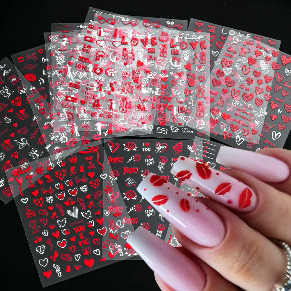 4/6/8/12pcs Red Lip/Love Heart สติกเกอร์เล็บวันวาเลนไทน์เล็บ Decals Self-Adhesive เซ็กซี่ริมฝีปากสีแดงวาเลนไทน์ตกแต่งเล็บ