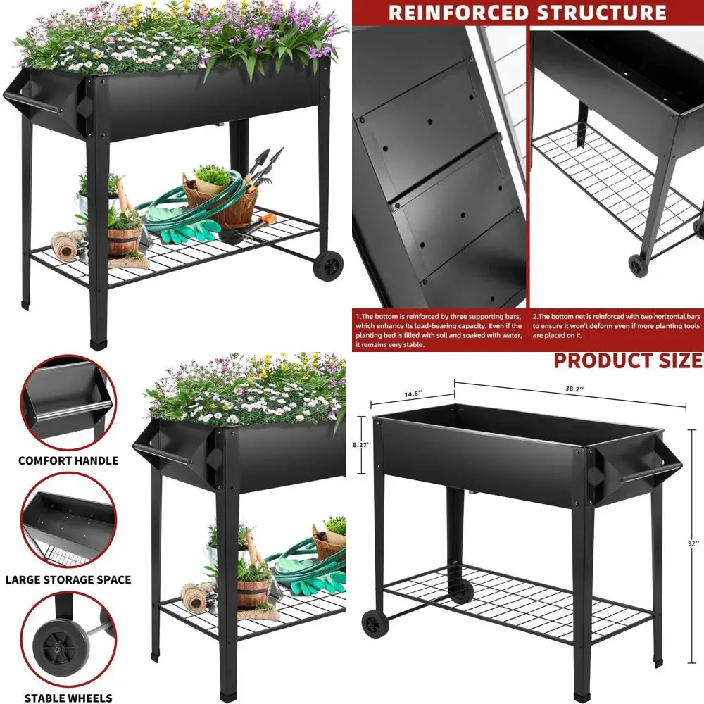 

Heavy-Duty 32 Rolling Elevated Garden Bed with Storage Shelf for Outdoor Patio and Balcony Planting