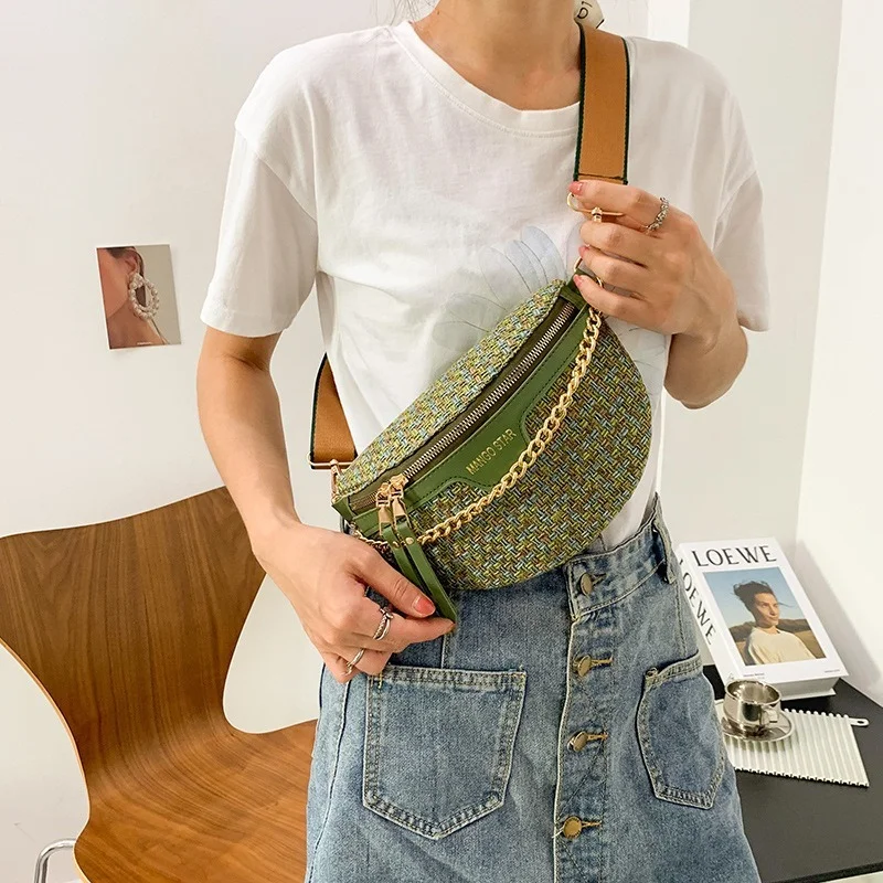 Women\'s 2023 Summer New Woven Bag Fashion Chest Bag Crossbody Bag Chain Fashion Small Waist Bag hot new