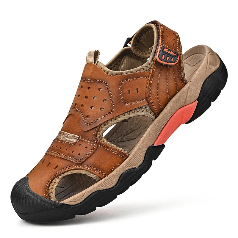 Handmade Leather Fashion Men Sandals Summer Breathable Men Casual Shoes Lightweight Non-slip Beach Sandals Roman Men Shoes