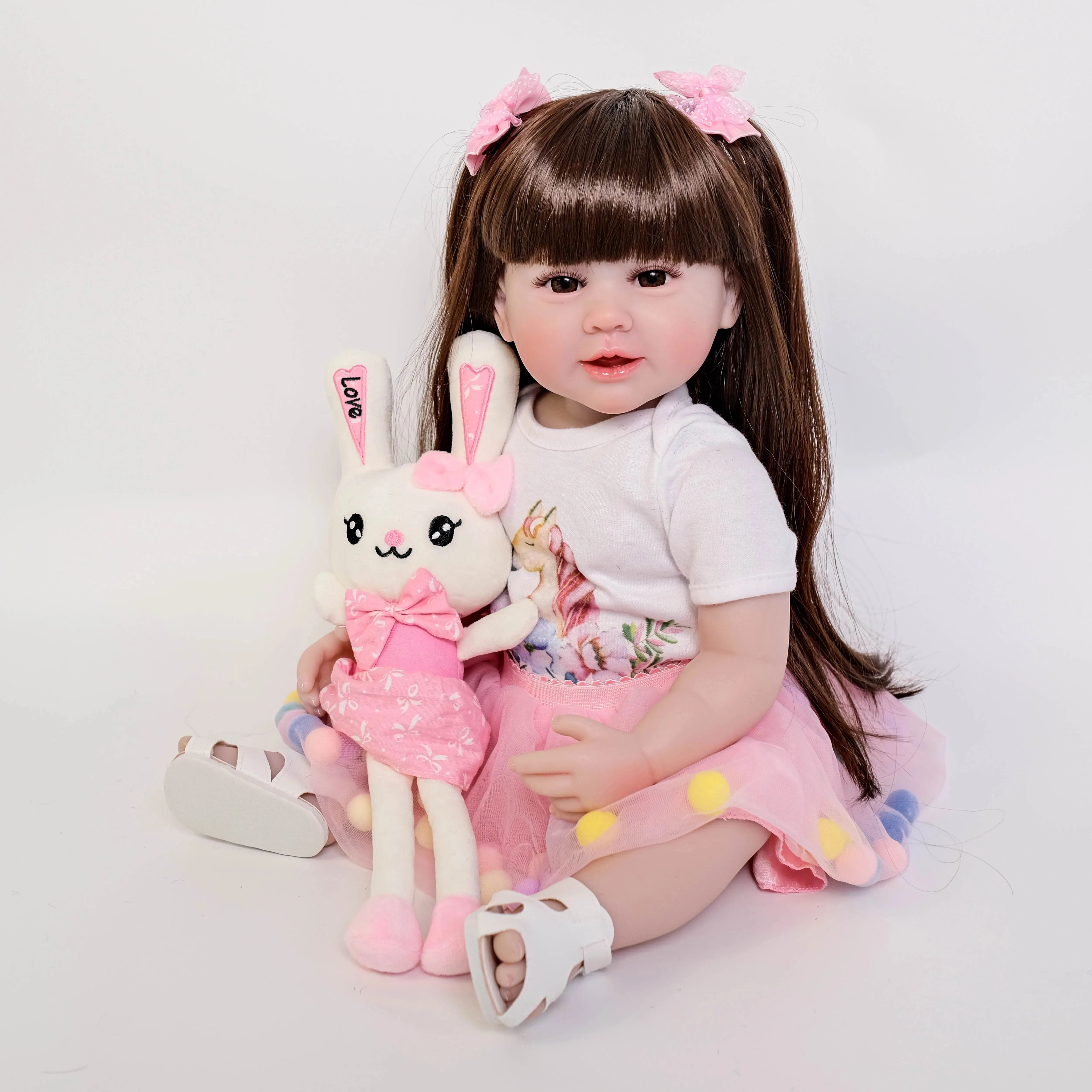 22inch Full Body Soft Silicone Vinyl Reborn Toddler Girl 3D Skin Visible Veins Paste wig Collectible Art Doll