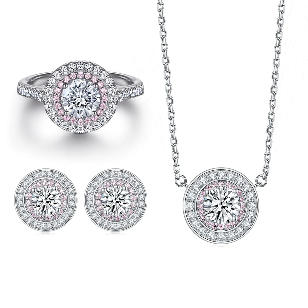 

Jewelry Set Prong Setting Round Pink Halo Sterling Silver Set