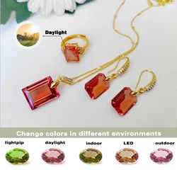 Color-change suldanite Chamfered square jewelry set adjustable ring necklace earrings in different lights have different colors