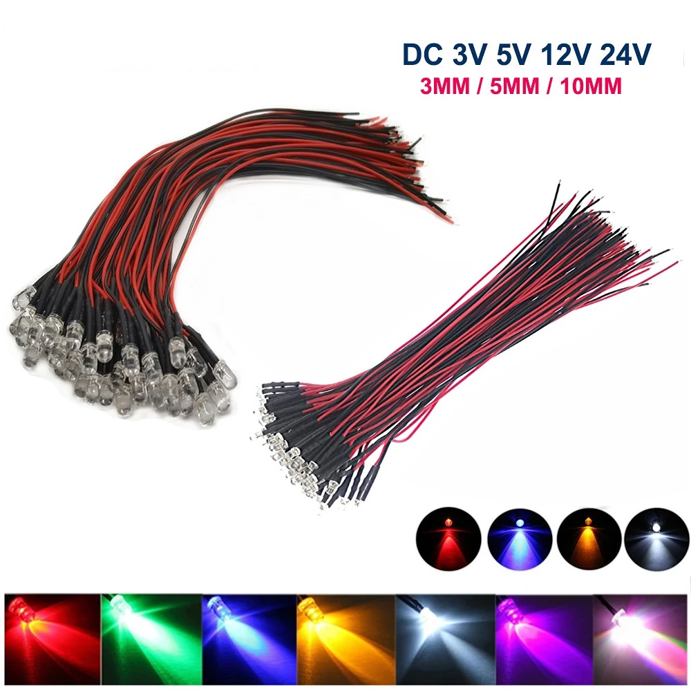 20-100 PCS Transparent LED Diodes DC3V 5V 12V 24V 3MM 5MM 10MM For Red/Green/Blue/Yellow/UV/ Orange/Pink/Hot/White/RGB Pre-cable