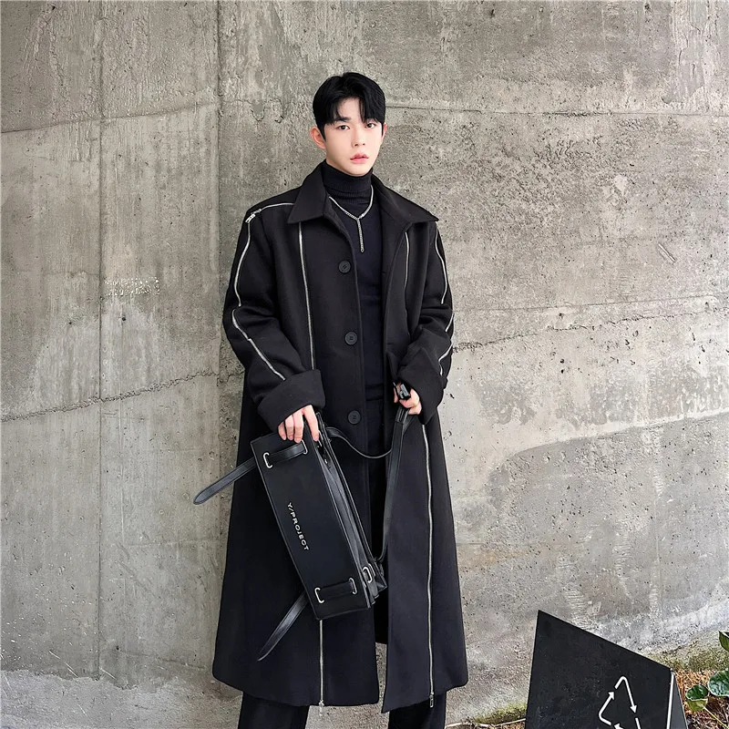 

Winter Thiened Men's Woolen Coat Long Over-Knee Zipper Deconstructed Design High-End Feeling Casual Haome Outerwear