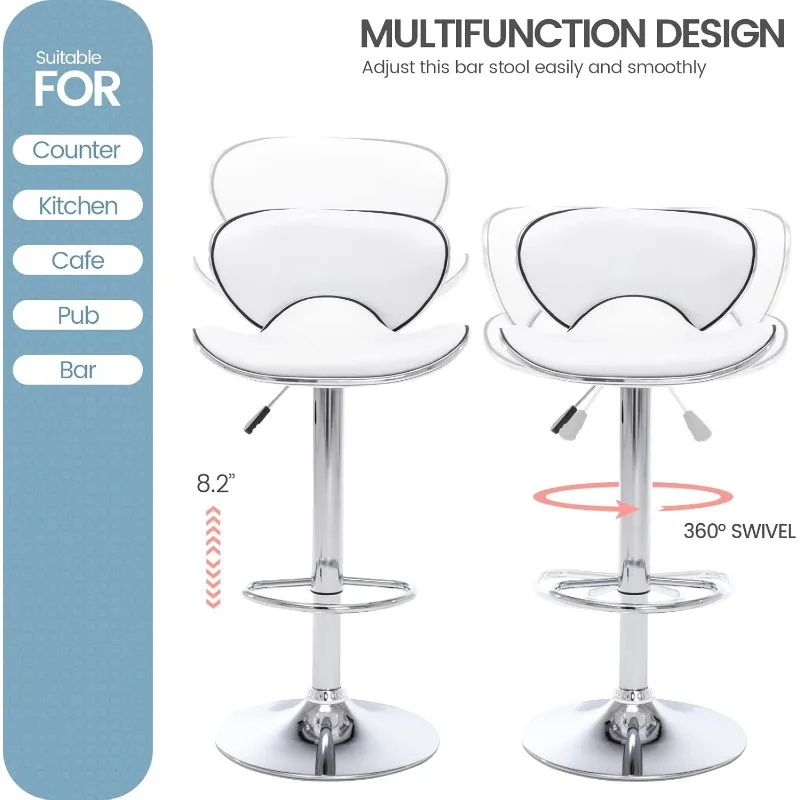 PU leather adjustable bar stool, modern rotating bar stool with backrest, armless high chair set of 2 (pearl white)