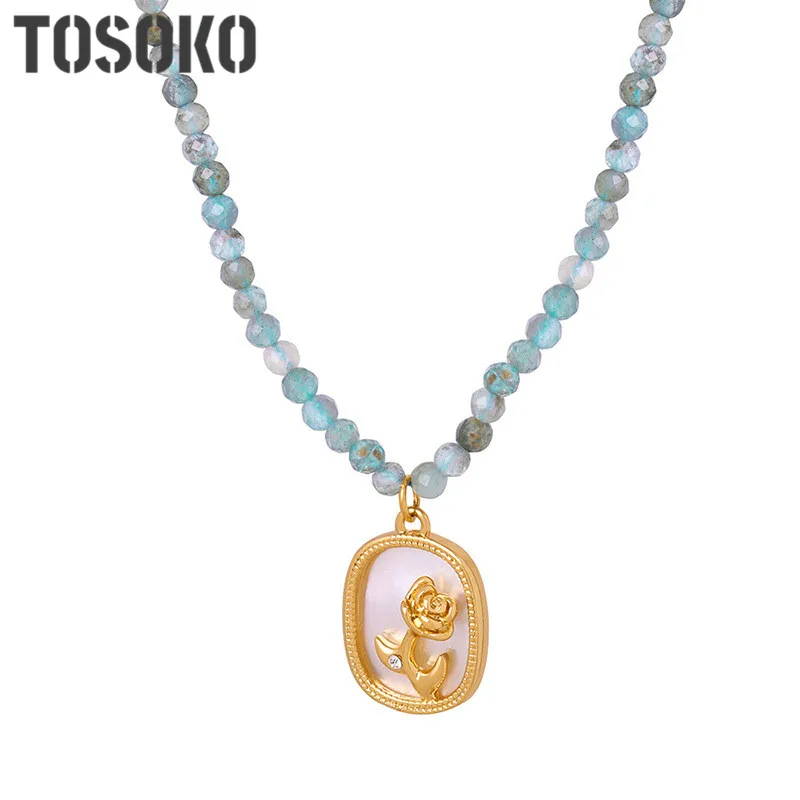 

TOSOKO Stainless Steel Jewelry Lace Square White Seashell Rose Pendant With Zirconia Beaded Titanium Steel Necklace BSP1751