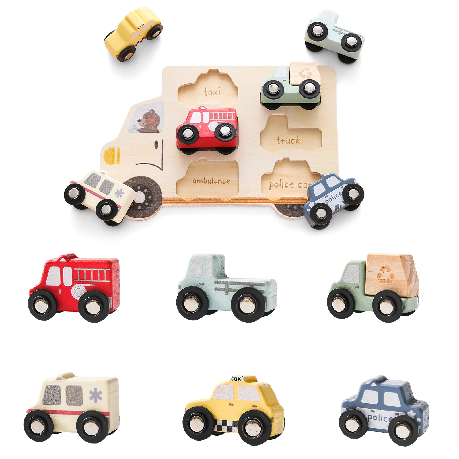 Puzzles en bois pour enfants, jouets pour bébés, Puzzle 3D Montessori, jouets éducatifs pour bébés de 2 ans, voitures, planche assortie