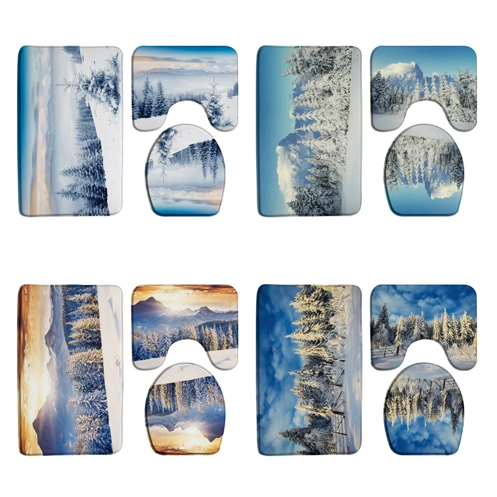 

Winter Forest Landscape Bath Mats Set Christmas Pine Tree Christmas Snowy Nature Rustic Outdoor Carpet Bathroom Rug Toilet Cover