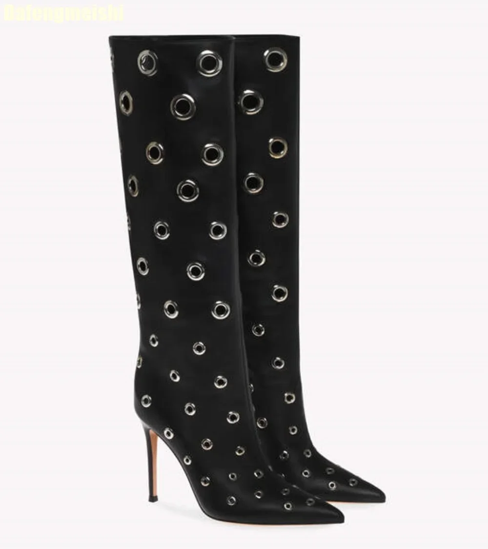 2025 Novel Metal Hollow High Heel Boots Stiletto Heel Pointed Toe Fashion Mid-Calf Boots Side Zipper Catwalk Black/white Boots