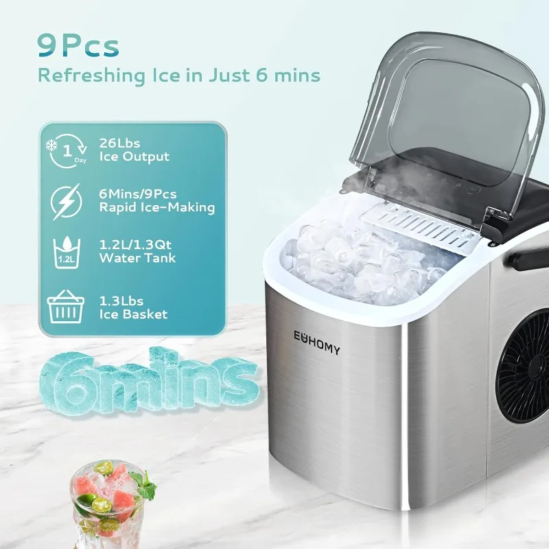 Portable Countertop Ice Maker Machine with Handle, 26lbs Per Day,9 Ice Cubes Ready in 6 Mins,Auto-Cleaning with Basket and Scoop