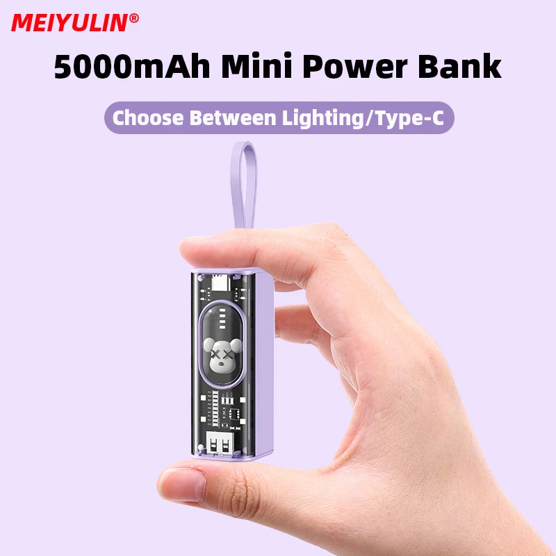 MEIYULIN 5000mAh Mini Power Bank Built-in USB Cable Portable Charging Powerbank External Spare Battery For iPhone Samsung Xiaomi