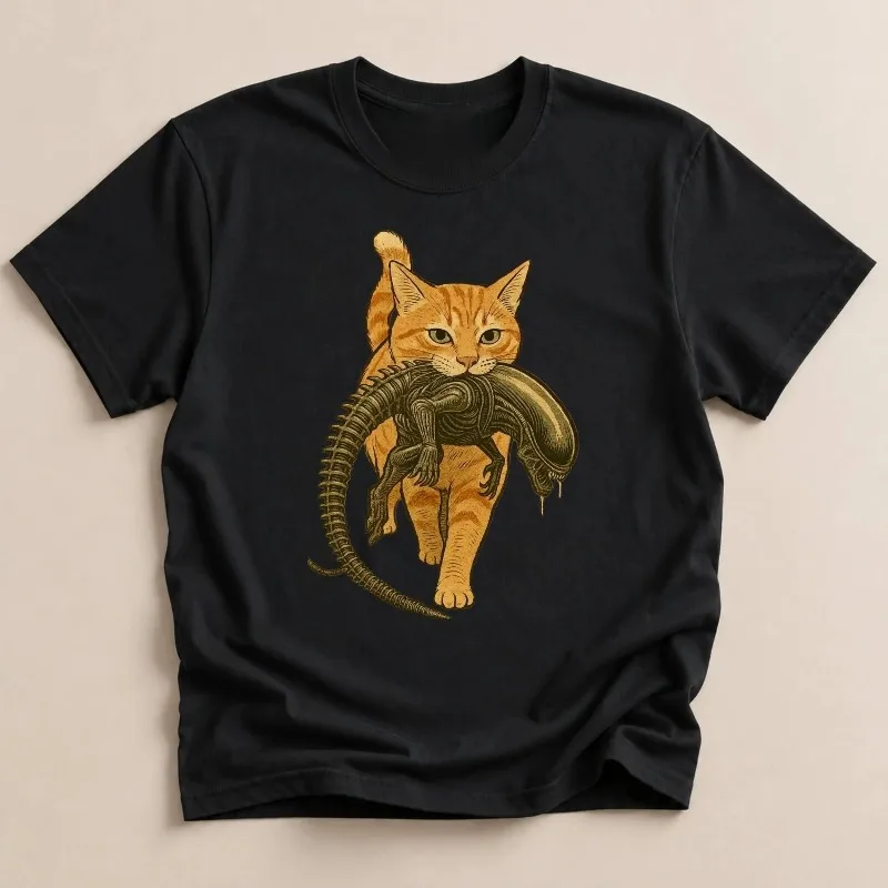 Camiseta con un gato sosteniendo un extraterrestre, una divertida camiseta de ciencia ficción con motivos felinos, adecuada para todas las estaciones, una camiseta informal para hombres y mujeres.