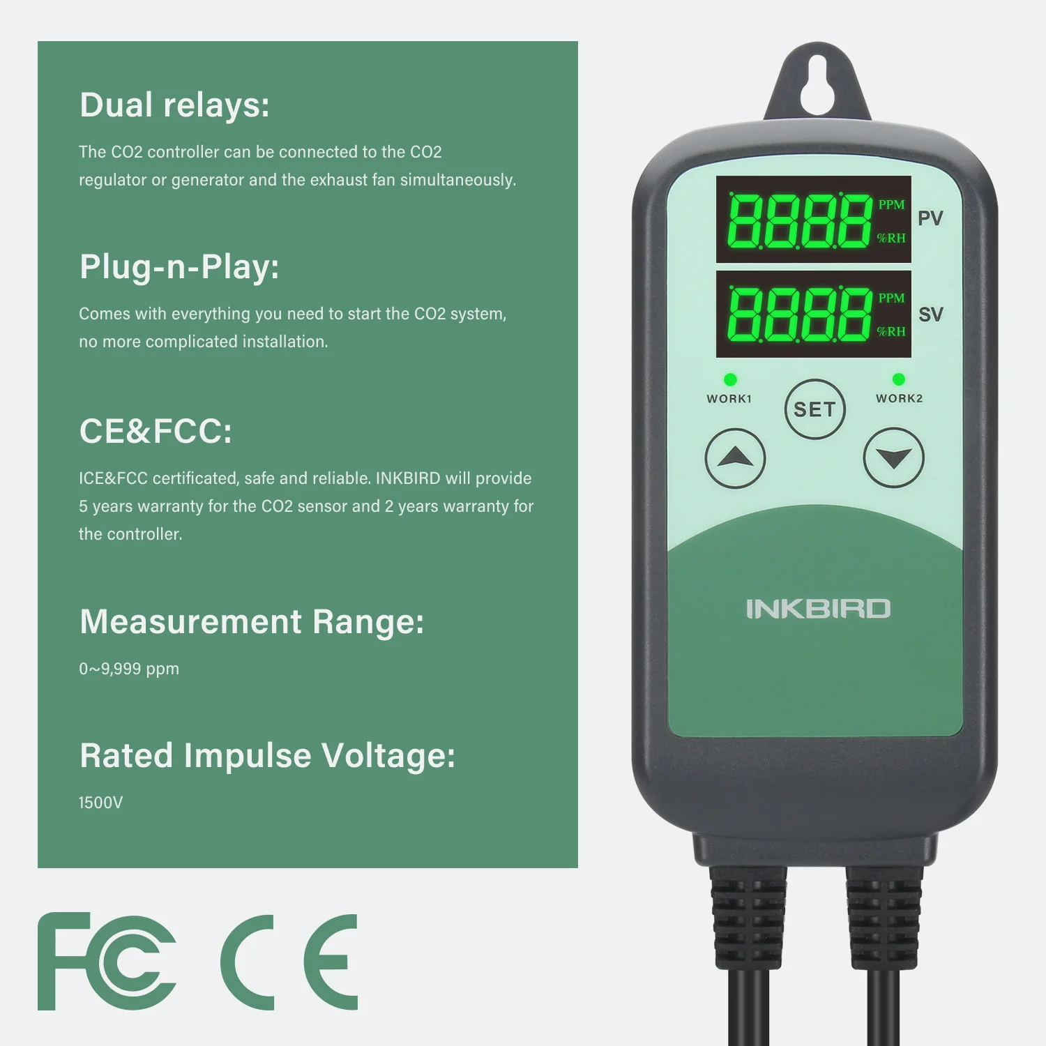 INKBIRD CO2 Controller with S01 Sensitive Sensor Programmable CO2  Monitor for Agricultural Livestock Industries Ventilation