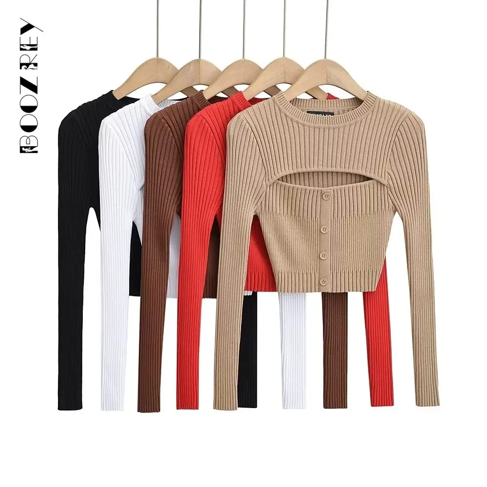 BoozRey 2022 Autumn and Winter O-neck Chest Hollow Out Knit Shirt Female Stretch Repair High Waist Navel-less Knitted Tops