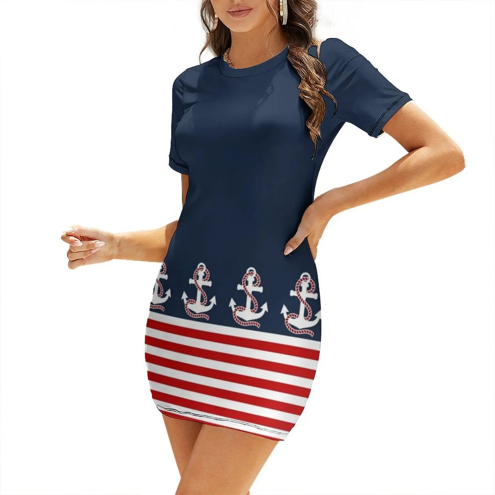 

Nautical red white stripes and red anchor on blue background Short Sleeved Dress Dress women women's evening dresses