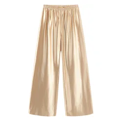 Gold Satin Wide Leg Pants Long Floor Casual Silk Pants Women's Summer