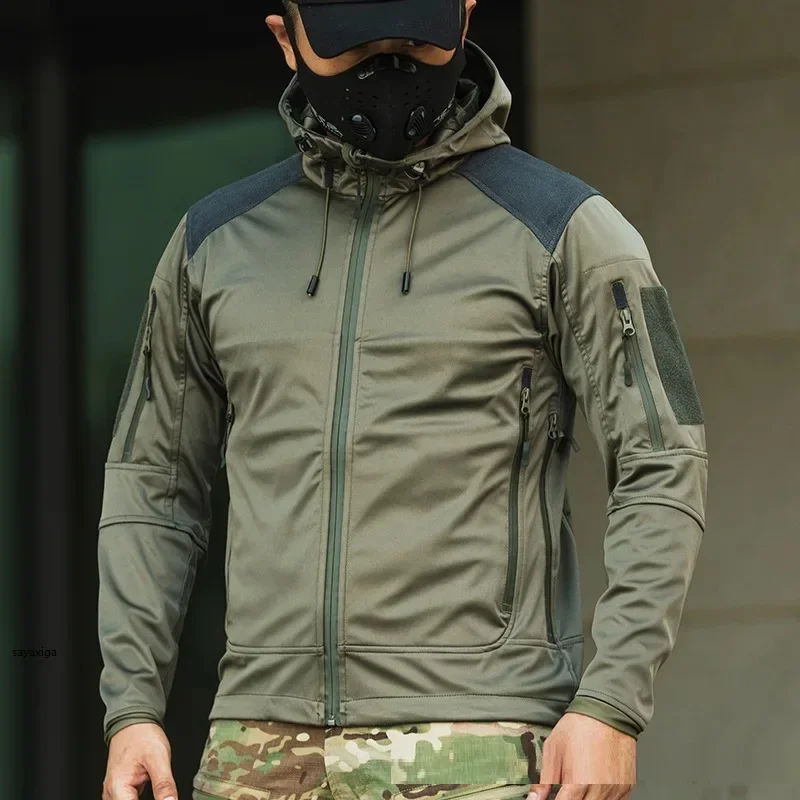 Men's Waterproof Softshell Jacket Coat Hiking Work Tactical Jackets Outwear Winter Windproof Wadded Lining Hooded Jacket