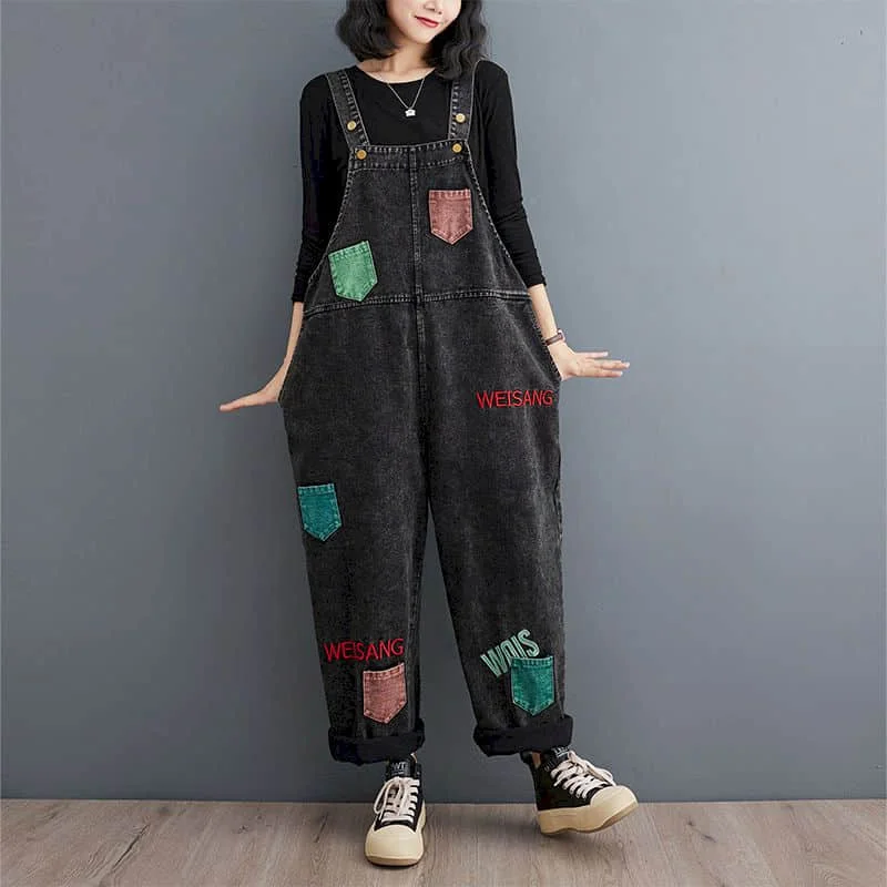 Tute in Denim per donna pagliaccetti in stile coreano Casual Vintage salopette pantaloni dritti colori a contrasto Patchwork abbigliamento donna