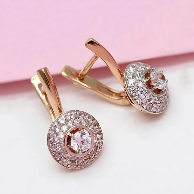 585 Purple Gold Encrusted Crystal Sparkling Round Earrings for Women Classic 14K Rose Gold Court Style Party Engagement Jewelry