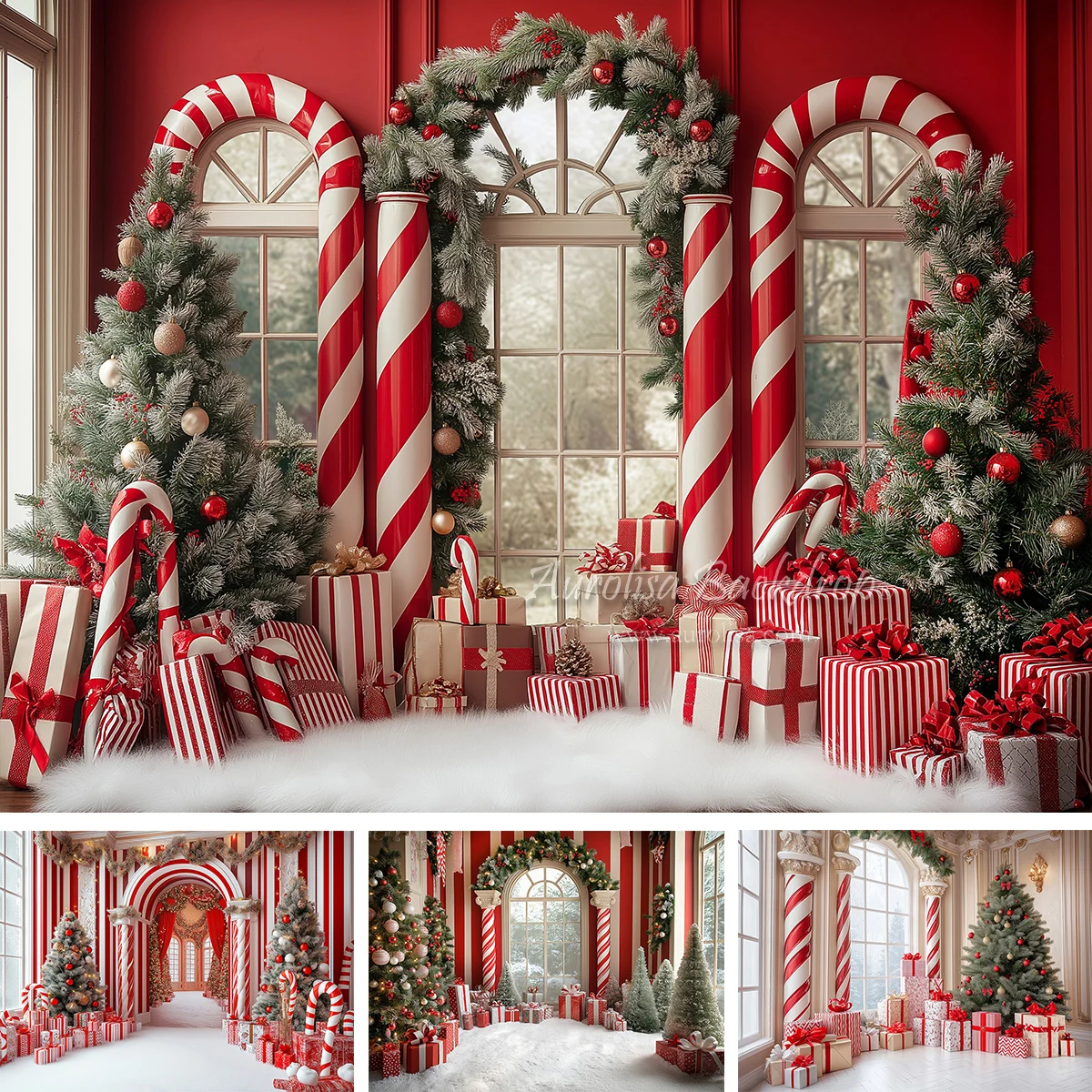 Christmas Striped Red And White Candy Cane Columns Arched Windows Backdrops Kids Adult Photography Props Backgrounds