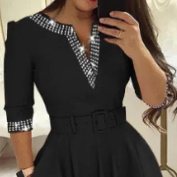 Women Diamond Bodycon Dress Belt Summer Party Dresses Black V Neck Long Sleeve Casual Loose Elegant A Line Long Y2k Vestidos