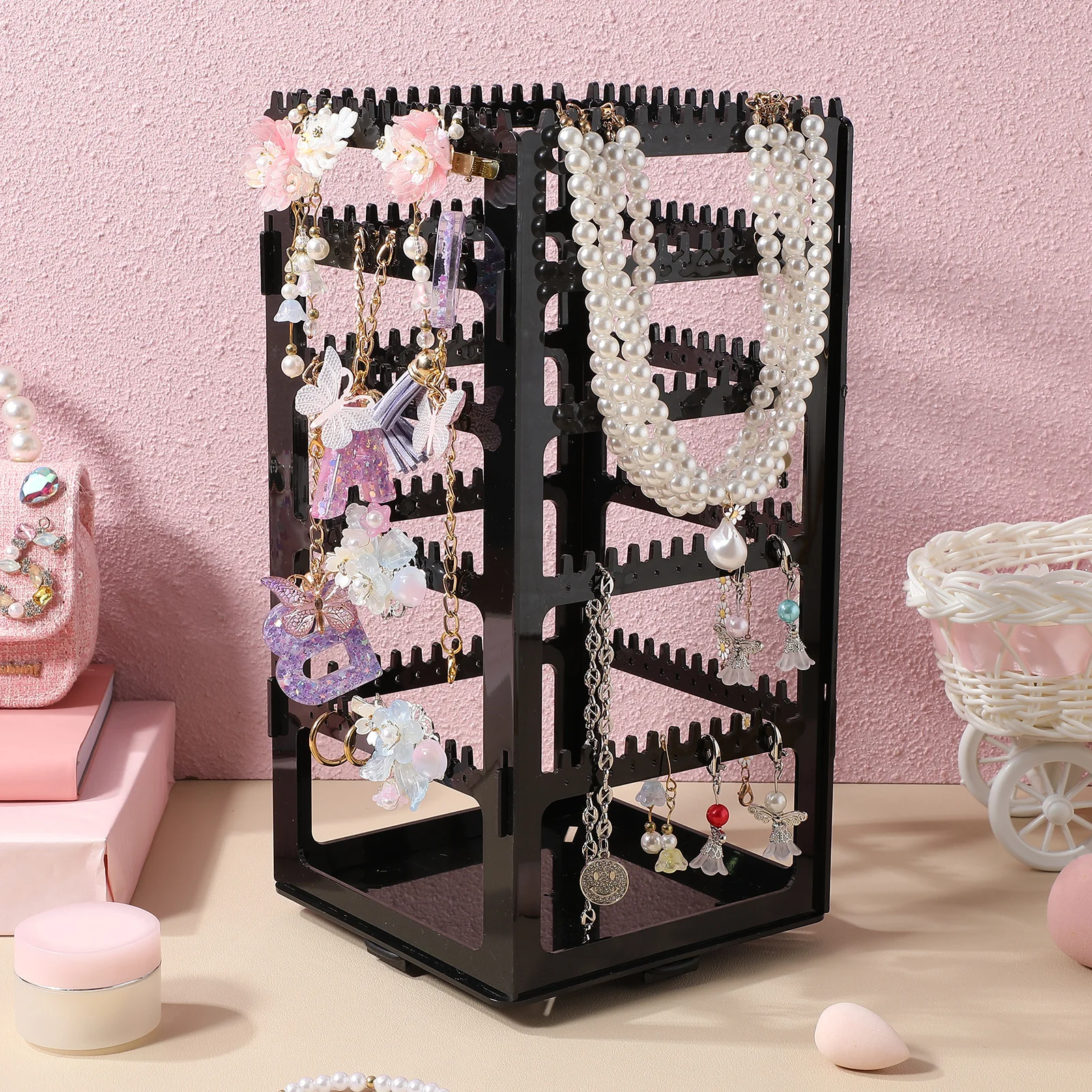 

Black Jewelry Stand Earring Display Foldable Travel Organizer 360 Rotatable Multifunctional Necklace Holder Earrings Rack