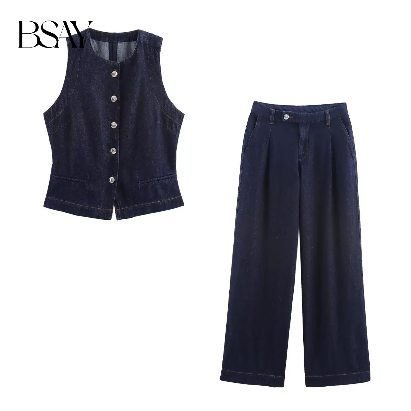 BSAY Damen-Herbstkollektion 2025, gemischtes, faltiges Denim, schmal geschnittenes, ärmelloses Tanktop mit Rundhalsausschnitt oder Jeans mit mittlerer Taille und weitem Bein