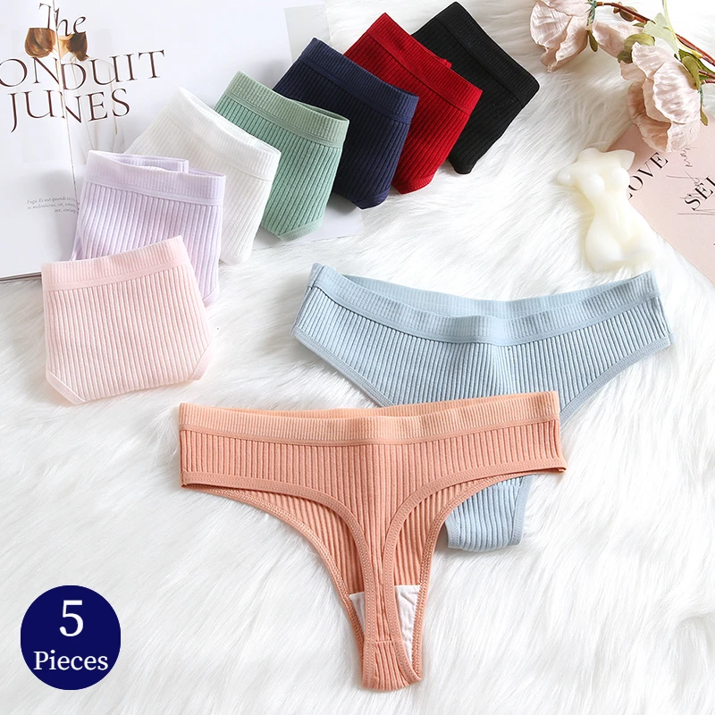 TrowBridge 5PCS/Set Women\'s Panties Cotton Thongs Breathable Female Underwear Simple Striped G-Strings Sexy Lingerie Cozy T-Back