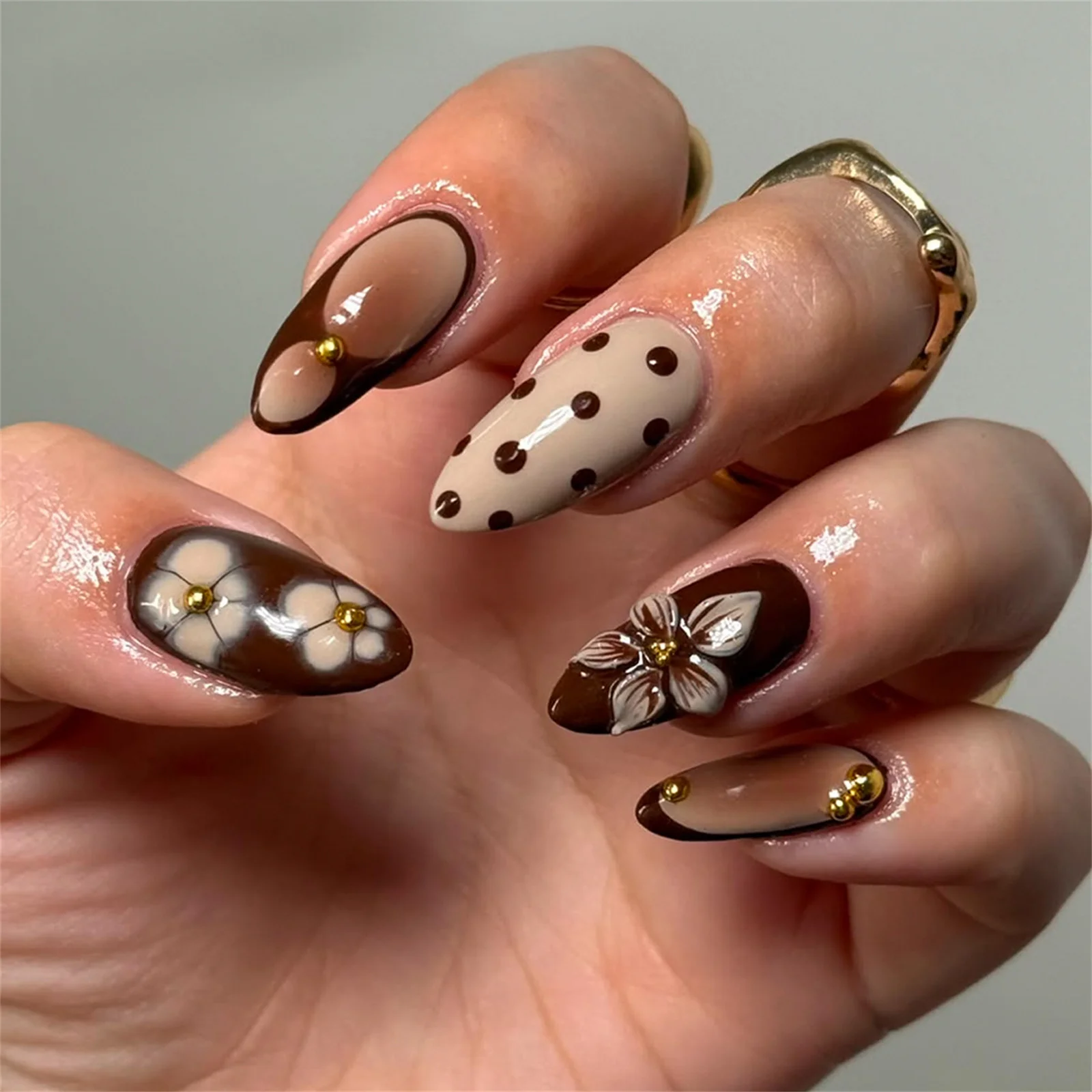Autumn Winter Brown Flower Press On Nails, Long Almond French Style, Vintage Sweet Reusable Fake Nails