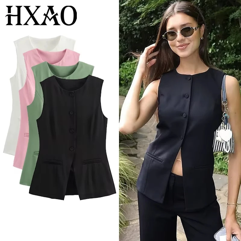 

Black Women's Vests Chic O-Neck Vest Sleeveless Long Vests For Women Single-Breasted Suit Vest Office Wear Woman Waistcoat 2025