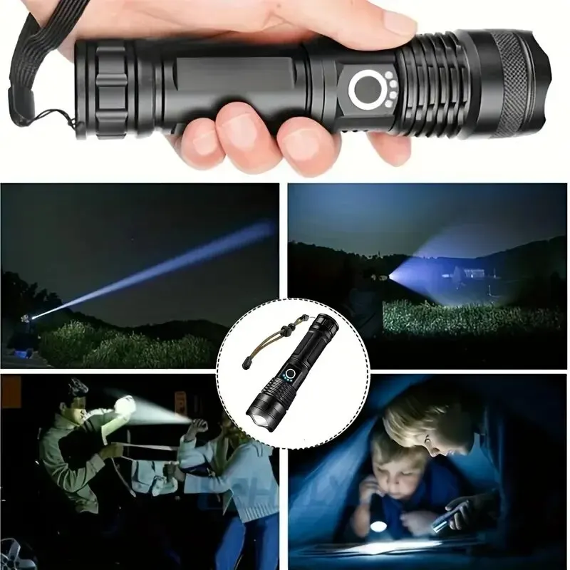 Super Bright 90000 Lumens XHP70 LED Flashlight, USB Rechargeable, Waterproof, 5 Modes, Zoomable Outdoor Torch Battery Included