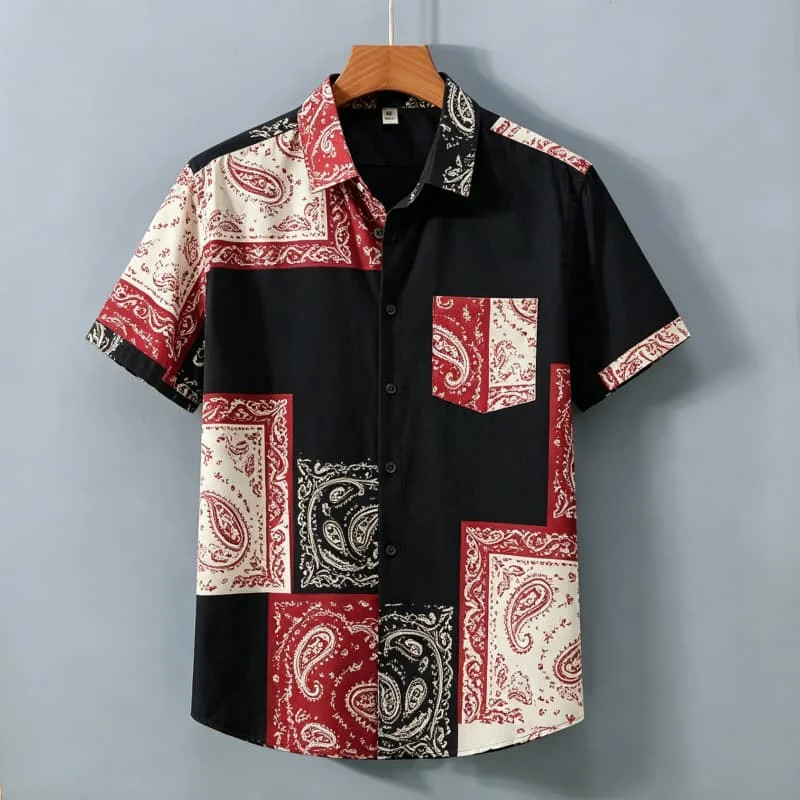 Men's Patchwork Paisley Print Short Sleeved Shirt With pockets, A Retro Atmosphere Top  For Street Wear And Vacation Leisure