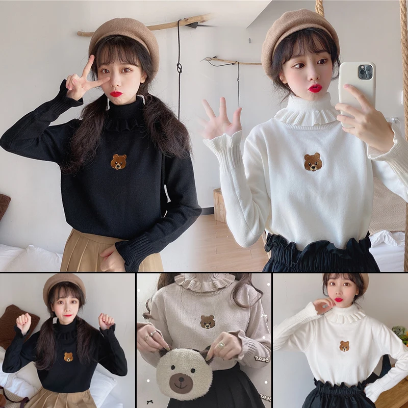 หญิง Harajuku หมีน่ารักสาวเสื้อคอเต่า Vintage คอ Kawaii Ruffles ถักเสื้อกันหนาวผู้หญิง Slim Jumper