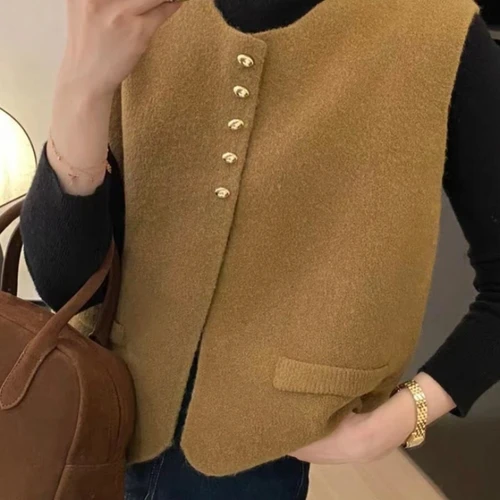 여성용 100% 순울 라운드넥 조끼, 세련된 턱시도 조끼, 민소매 DIY 조끼, 루즈한 짧은 스플릿 니트 스웨터, 가을 및 겨울 신상 